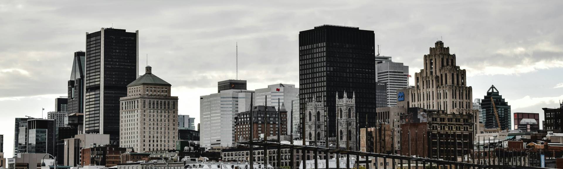 image of the montreal skyline in grey tone, view from old port